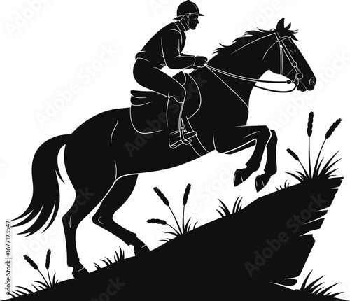 Black silhouette of a majestic king riding a horse with a crown and scepter, medieval royalty, powerful and noble figure.
