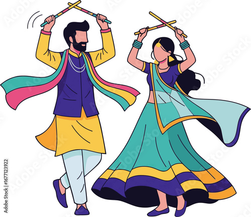 Garba dance couple illustration in traditional Indian attire.