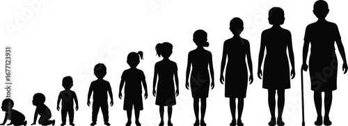 Female life stages from infancy to old age, black and white silhouette illustration, age progression concept, girl to elderly woman