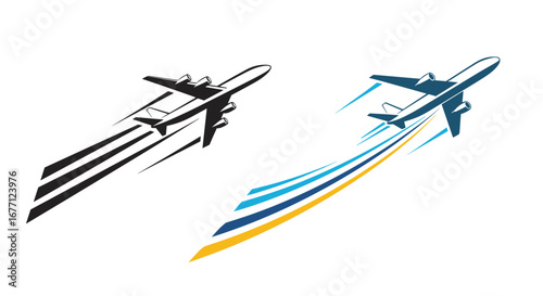 Dynamic jetliner soars with colorful abstract trails symbolizing speed and progress in travel