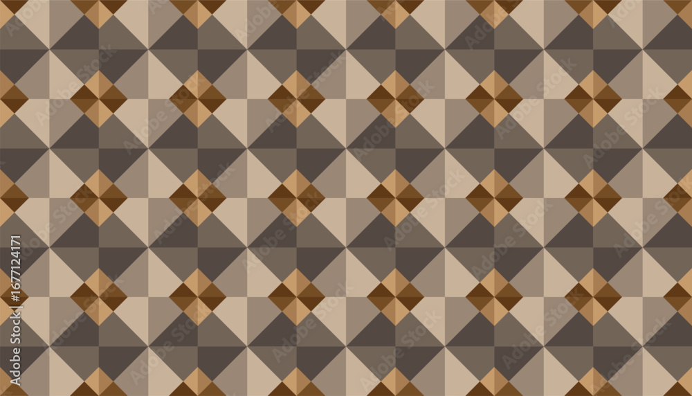 Fototapeta premium Retro geometric seamless pattern with circles, diamonds, and rectangles in warm yellow, orange, and brown tones