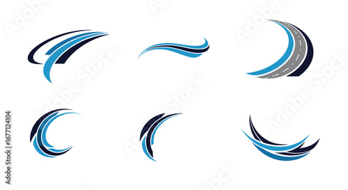 Dynamic abstract swoosh logos and road graphic for modern business branding and forward momentum