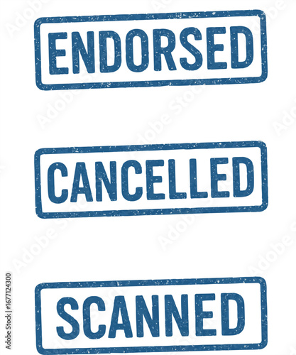 Set of blue rectangular rubber stamps with text ENDORSED, CANCELLED, SCANNED on white background. Business office approval marks.