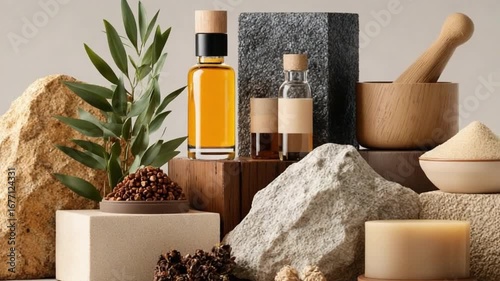 Wellness essence display: A composition of essential elements: showcasing natural beauty and therapeutic serenity, featuring apothecary bottles and organic components. 