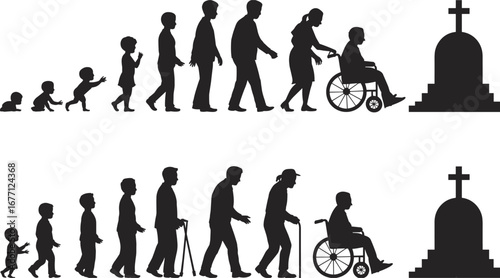 Life cycle stages of human evolution from infancy to old age and death, black and white silhouette illustration, timeline concept