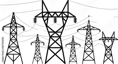 High voltage electricity pylons, black and white illustration, power transmission lines, energy infrastructure, electrical grid network, utility towers, vector art