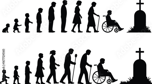 Life cycle stages of human evolution from infancy to old age and death, black and white silhouette illustration, timeline concept