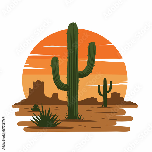 Majestic saguaro cactus standing tall in a hot arid desert landscape with a dramatic orange sunset background