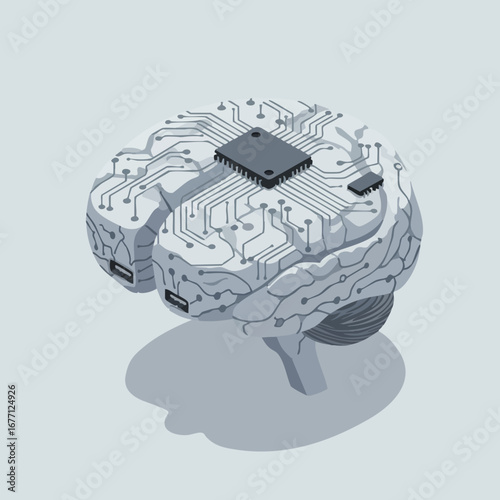 Cybernetic brain concept with a central processing unit and circuit pathways, representing artificial intelligence and machine learning