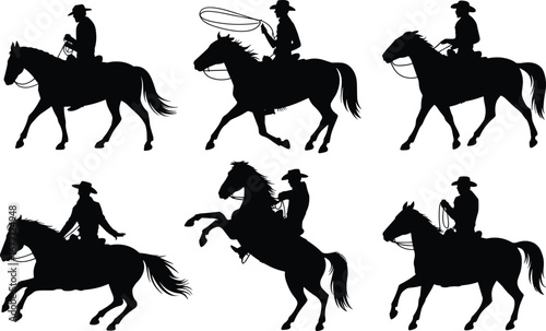 Set of six cowboy on horseback silhouettes, black western rider collection, ranching scene