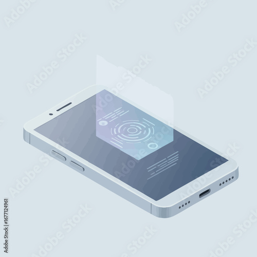 Concept of advanced mobile security technology featuring a futuristic user interface with fingerprint scanning on an isometric smartphone
