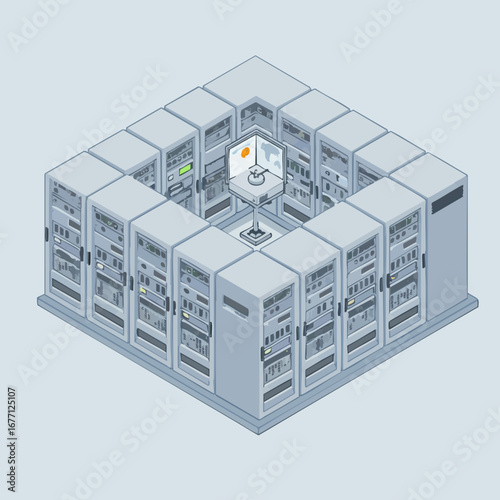 Isometric depiction of a secure data center with a central command console monitoring a global network