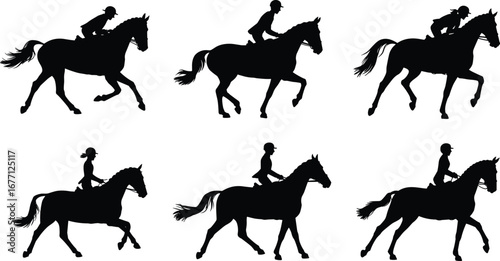 Set of six cowboy on horseback silhouettes, black western rider collection, ranching scene, rodeo cowboy illustration, wild west graphic art