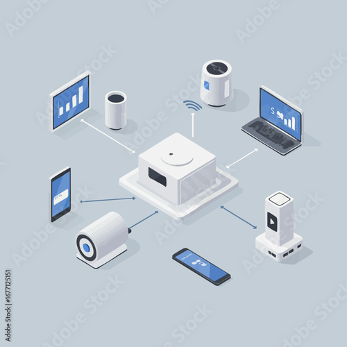 Isometric view of a smart home network hub connecting various IoT devices, illustrating a concept of seamless digital ecosystem integration