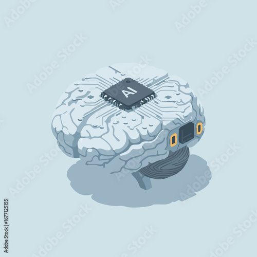 Isometric illustration of an artificial intelligence processor integrated into a human brain with circuit board pathways