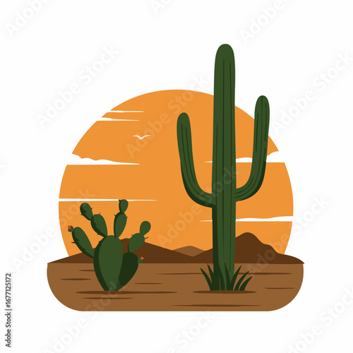 Vibrant desert landscape illustration featuring a saguaro and prickly pear cactus set against a warm sunset with distant mountains, embodying a classic western theme