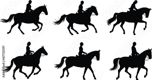 Set of six cowboy on horseback silhouettes, black western rider collection, ranching scene, rodeo cowboy illustration, wild west graphic art