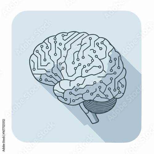Artificial intelligence concept illustration of a human brain as a computer circuit board, representing machine learning and digital mind technology