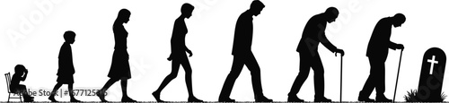 Silhouette of human life stages from childhood to death, black and white aging timeline, life and mortality concept illustration