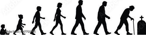 Silhouette of human life stages from childhood to death, black and white aging timeline, life and mortality concept illustration