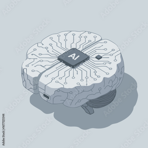Isometric illustration of a digital brain circuit board with a central AI processor, symbolizing the fusion of technology and neuroscience