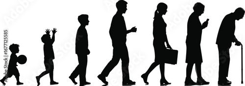 Silhouette of human life stages from childhood to death, black and white aging timeline, life and mortality concept illustration