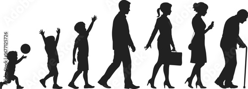 Silhouette of human life stages from childhood to death, black and white aging timeline, life and mortality concept illustration