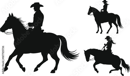 Silhouettes of cowboy and cowgirls riding horses, black and white western equestrian illustration, horseback riding concept, rural lifestyle artwork