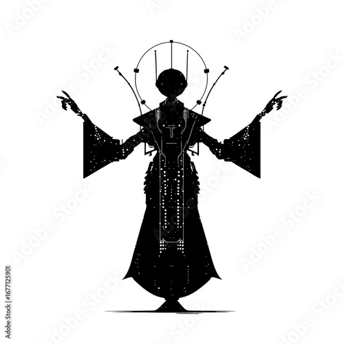 Ritual Techno Monk - Black and White Sci-Fi Occult Silhouette, Hooded Cleric Icon for Decals, Stickers, Merch