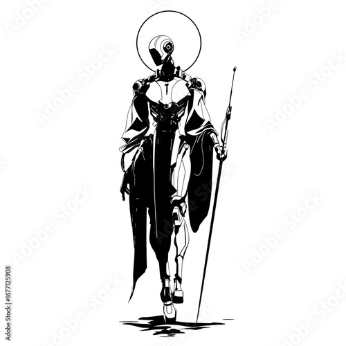 Sacred Tech Silhouette - Techno Priest / Cyber Monk, Black and White Occult Symbol for Stickers, Posters, Apparel