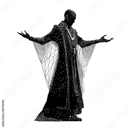 Sci-Fi Cleric Silhouette - Techno Priest, Hooded Figure, Black and White Occult Symbol for Decals, Posters, T-Shirt Design