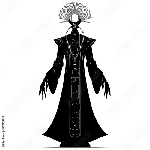 Techno Priest Silhouette - Hooded Cyber Monk, Black and White Sci-Fi Occult Emblem for Laser Engraving, Decals, Stickers, Apparel