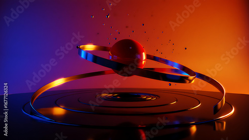Red sphere with orbiting rings and floating droplets against gradient background