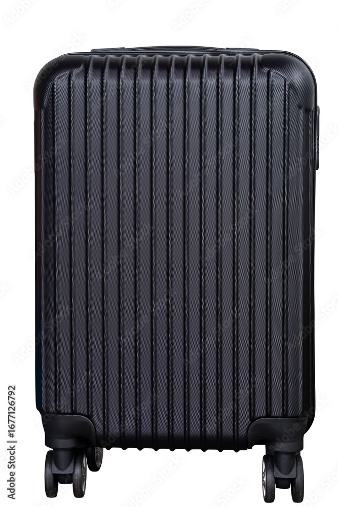 Fototapeta premium Black hard shell suitcase with four wheels isolated on transparent background, modern travel luggage for business and vacation, durable trolley bag for transport, airport, and holiday journey concept.