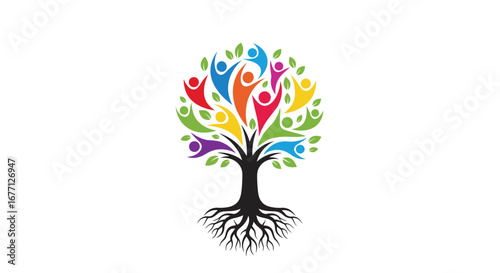 Vibrant abstract tree with diverse people reaching up, symbolizing growth and community connection