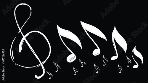 Minimalist black background with white musical notes and treble clef. Simple elegant vector illustration with classical music atmosphere.