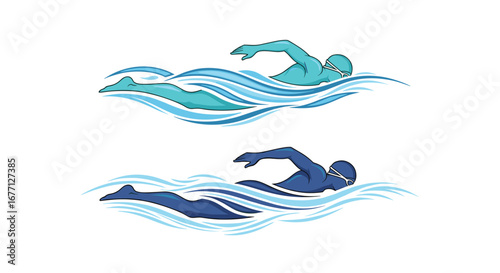 Dynamic swimmers glide through stylized blue waves, perfect for sports or health branding