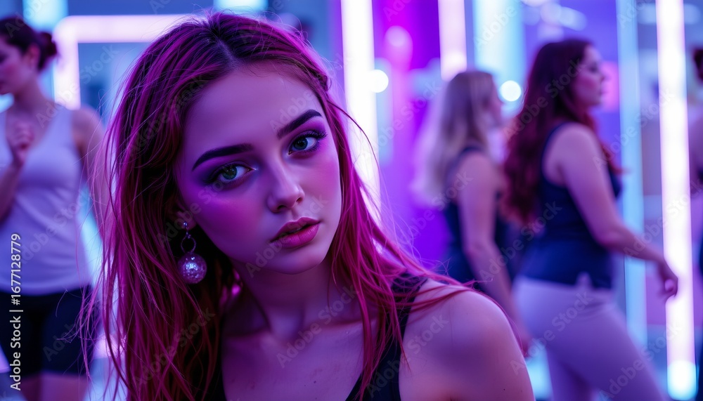 Naklejka premium A young woman standing in a room with purple lighting. She is wearing red lipstick and has a contemplative expression