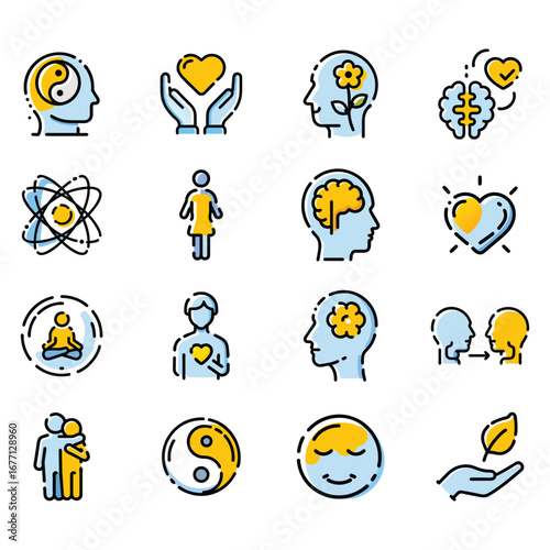 Mental health and well-being icon set for digital platforms and creative projects