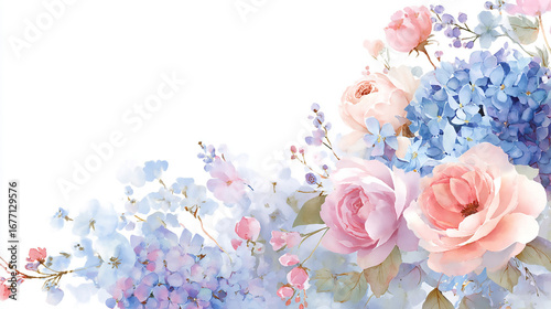 Pastel Roses and Hydrangeas Floral Arrangement: Corner Border Design