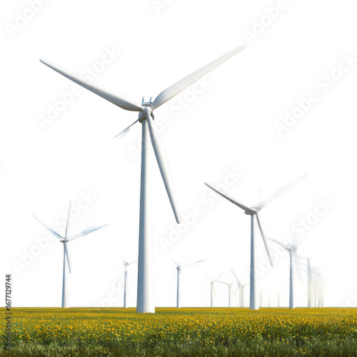 Group of Modern Wind Turbines Generating Clean Energy in Field [Transparent Background PNG]
