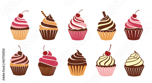 Delicious cupcakes with swirls of frosting and cherries, perfect for celebrations and sweet treats