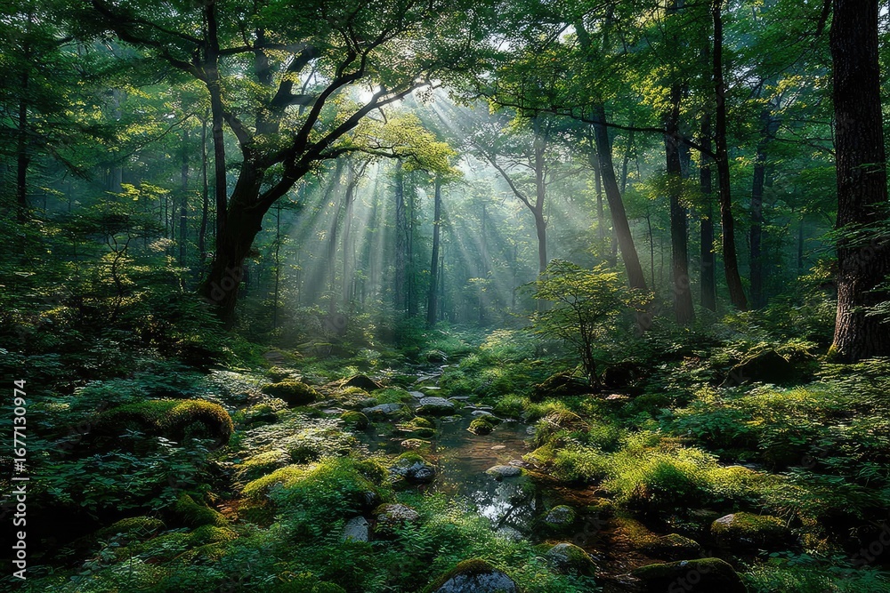 Obraz premium Sunbeams in Misty Forest Stream