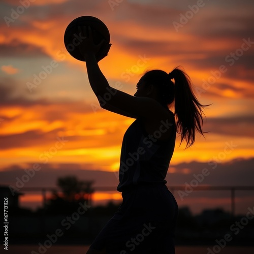 A dynamic silhouette of a female basketball player preparing to shoot against a vibrant sunset backdrop.