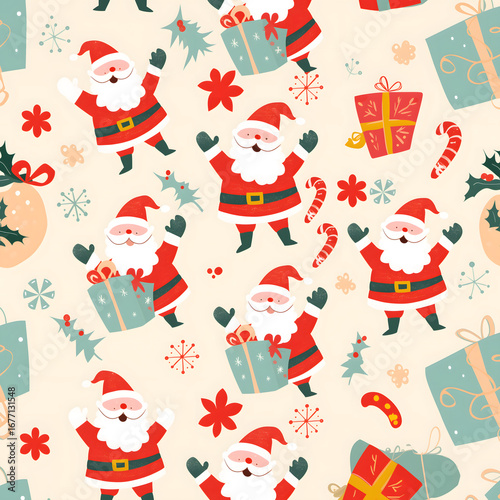 Playful Christmas background with hand drawn Santa and festive seasonal elements