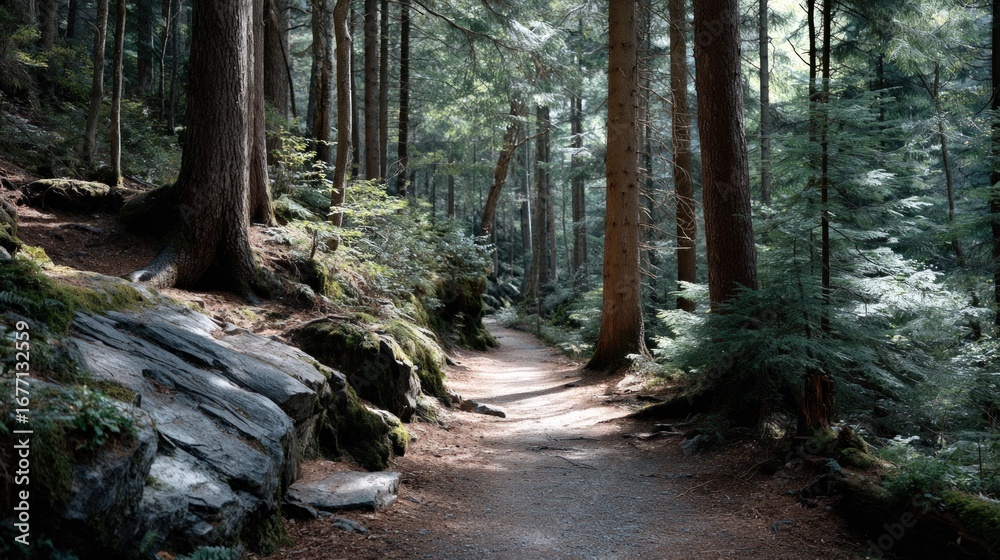 Obraz premium A sun-drenched forest path winds through towering trees and rocky terrain, casting dappled shadows on the trail.