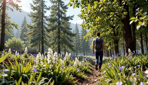 A tranquil outdoor scene with a person walking through a vibrant meadow abundant in wildflowers. The setting appears to be in a lush parkland or nature reserve during daylight