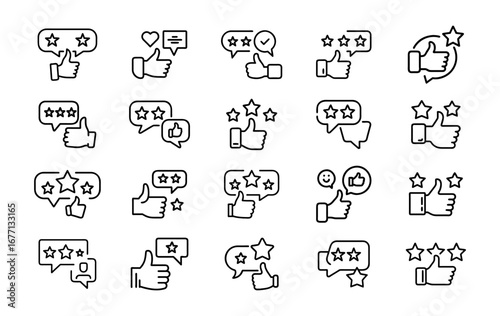 Customer feedback collection of thumbs up and star rating icons showing satisfaction and approval