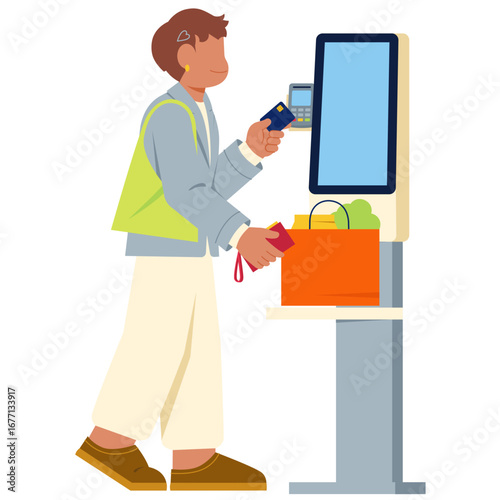 Woman paying by card at self service checkout counter