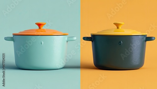 Two colorful, round, enameled cast iron pots, one teal and one dark gray, with matching orange and yellow lids, sit on a teal and orange background